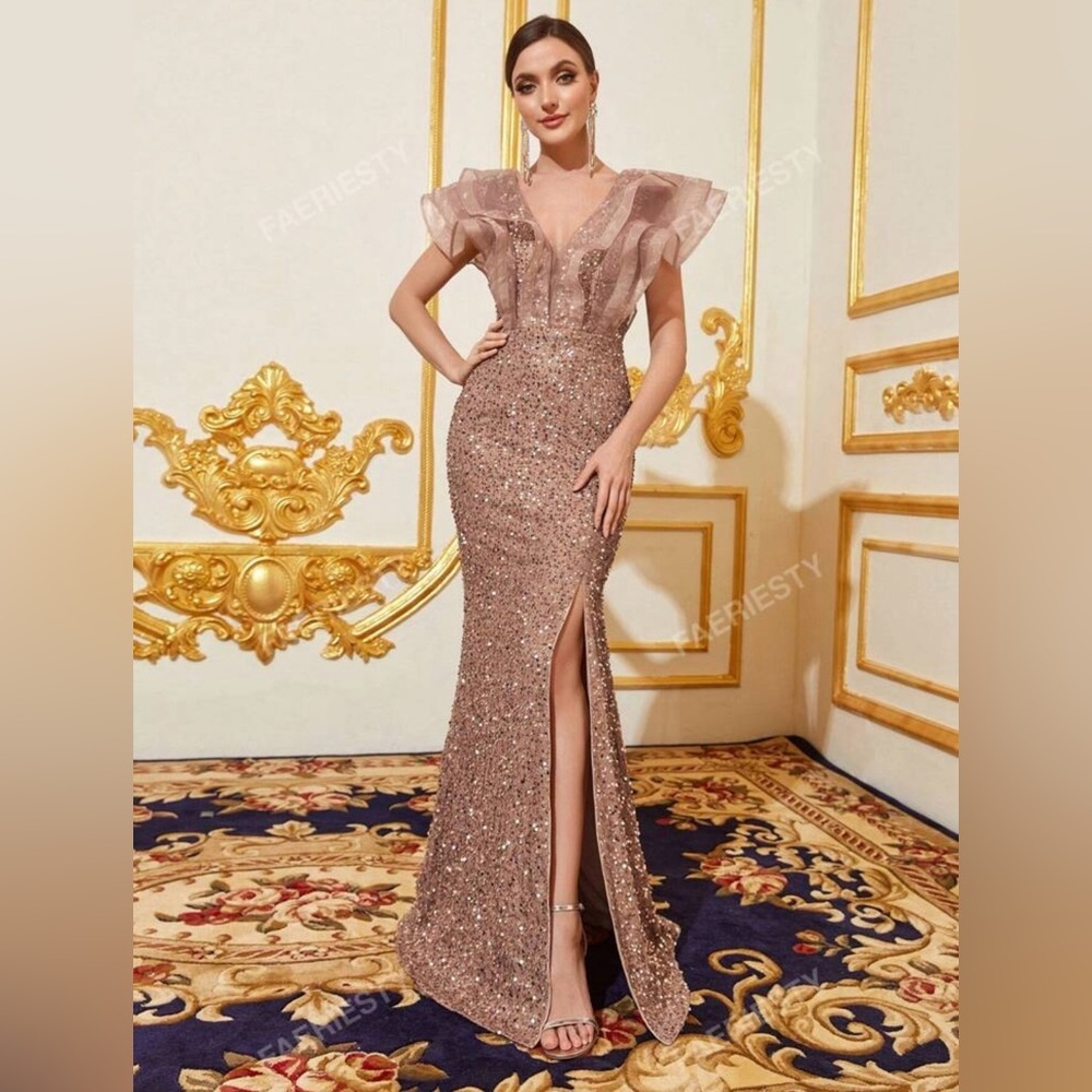 BOUTIQUE | Champagne Ruffle & Sequins Dress.